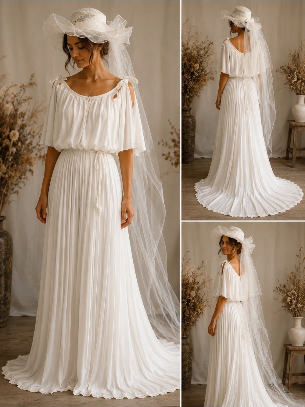 Vintage Romantic Wedding Dress Matching Veil Hat Cottagecore Prairie Bridal Sz S